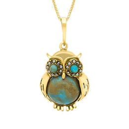 9ct Yellow Gold Turquoise Marcasite Medium Owl Necklace