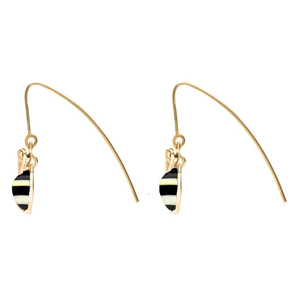 9ct Yellow Gold Amber Whitby Jet Bee Small Hook Earrings