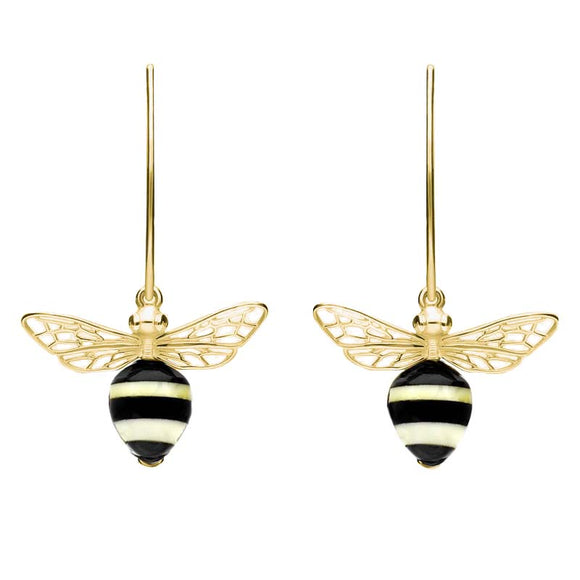 9ct Yellow Gold Amber Whitby Jet Bee Small Hook Earrings, E2438.