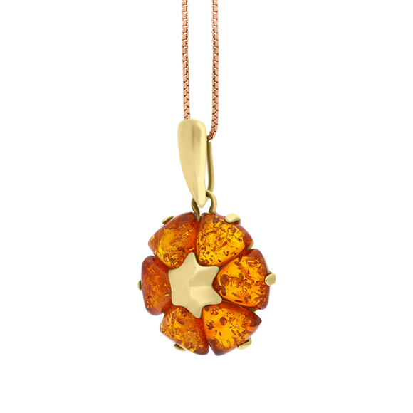 9ct Yellow Gold Amber Flower Pendant Necklace D