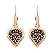 9ct Rose Gold Blue Goldstone Flore Filigree Heart Drop Earrings. E2588.