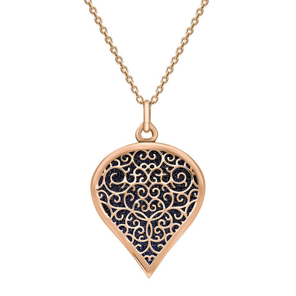 9ct Rose Gold Blue Goldstone Flore Filigree Large Heart Necklace. P3631.