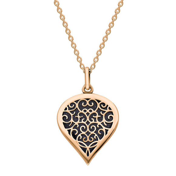 9ct Rose Gold Blue Goldstone Flore Filigree Medium Heart Necklace. P3630.