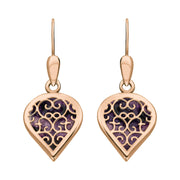 9ct Rose Gold Blue John Flore Filigree Heart Drop Earrings. E2588.