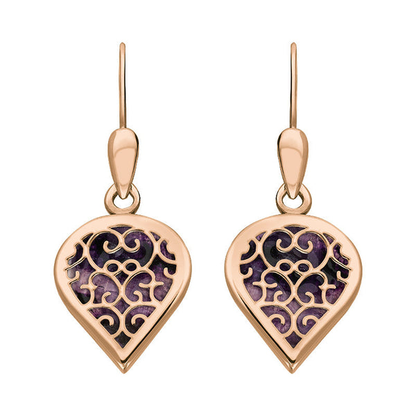 9ct Rose Gold Blue John Flore Filigree Heart Drop Earrings. E2588.