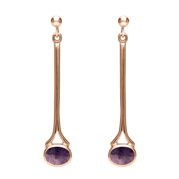 18ct Rose Gold Blue John Long Drop Earrings. E094.