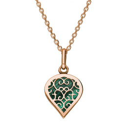 9ct Rose Gold Malachite Flore Filigree Small Heart Necklace. P3629.