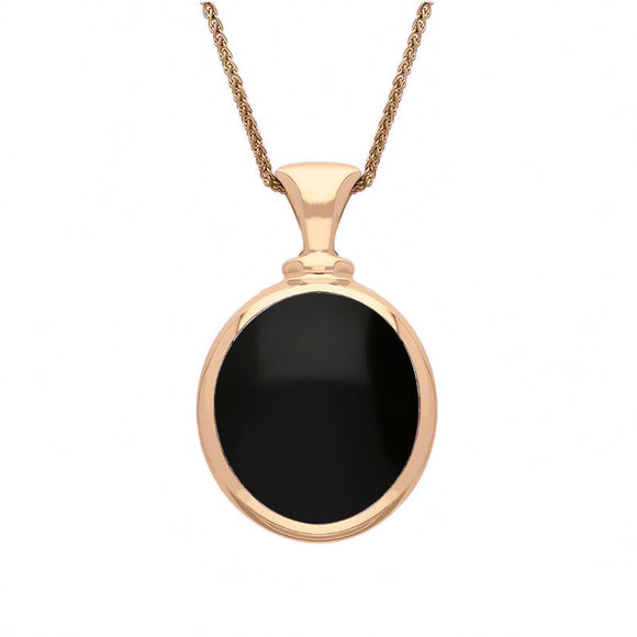 9ct Rose Gold Whitby Jet Blue John Small Double Sided Oval Fob Necklace, P219_2.