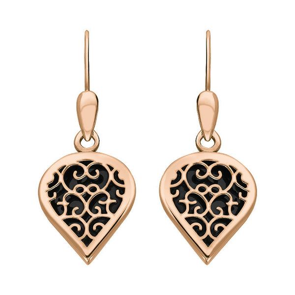 9ct Rose Gold Whitby Jet Flore Filigree Heart Drop Earrings. E2588.