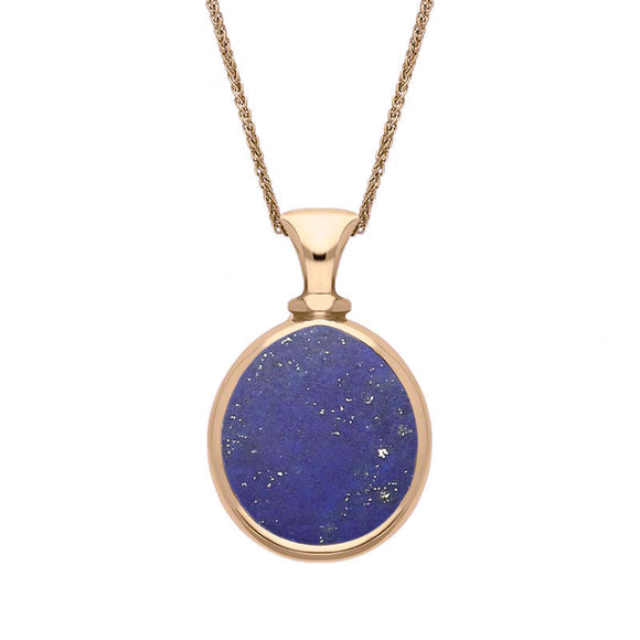 9ct Rose Gold Whitby Jet Lapis Lazuli Small Double Sided Pear Fob Necklace, P220.