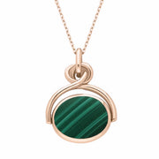 9ct Rose Gold Whitby Jet Malachite Oval Swivel Fob Necklace, P096.