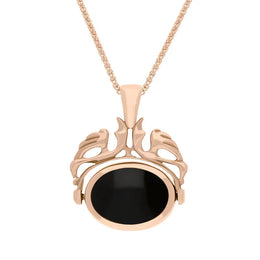 9ct Rose Gold Whitby Jet Turquoise Double Sided Oval Swivel Fob Necklace, P104_4_2.