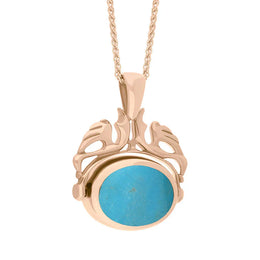 9ct Rose Gold Whitby Jet Turquoise Double Sided Oval Swivel Fob Necklace, P104_4_3.