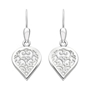 9ct White Gold Bauxite Flore Filigree Heart Drop Earrings. E2588.