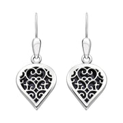 9ct White Gold Blue Goldstone Flore Filigree Heart Drop Earrings. E2588.