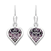 9ct White Gold Blue John Flore Filigree Heart Drop Earrings. E2588.