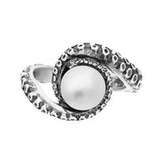 9ct White Gold Freshwater Pearl Bead Twist Tentacle Ring