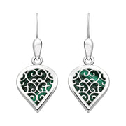 9ct White Gold Malachite Flore Filigree Heart Drop Earrings. E2588.