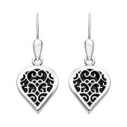 9ct White Gold Whitby Jet Flore Filigree Heart Drop Earrings. E2588.