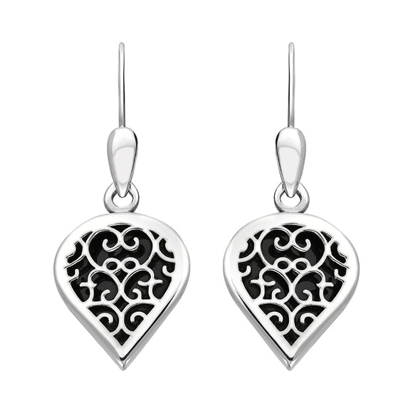 9ct White Gold Whitby Jet Flore Filigree Heart Drop Earrings. E2588.