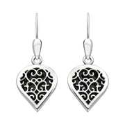 9ct White Gold Whitby Jet Flore Filigree Heart Drop Earrings. E2588.