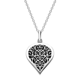9ct White Gold Whitby Jet Flore Filigree Medium Heart Necklace. P3630.