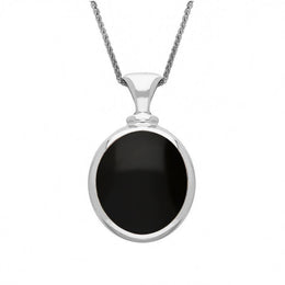 9ct White Gold Whitby Jet Turquoise Small Double Sided Oval Fob Necklace, P219_2.