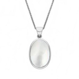 9ct White Gold Whitby Jet White Mother Of Pearl Small Double Sided Fob Necklace, P832.