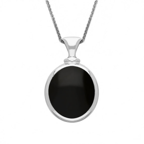 9ct White Gold Whitby Jet White Mother Of Pearl Small Double Sided Oval Fob Necklace, P219.