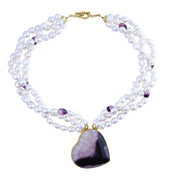 9ct Yellow Gold Blue John Freshwater Pearl Heart T Bar Necklace D NUNQ0000511.