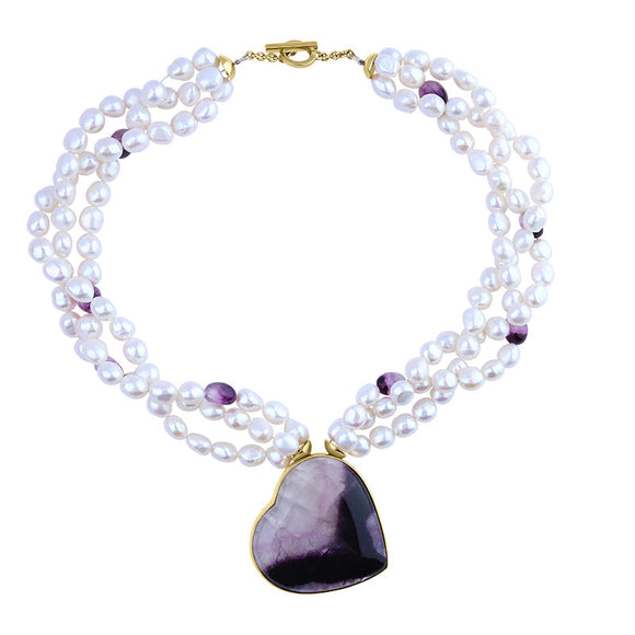 9ct Yellow Gold Blue John Freshwater Pearl Heart T Bar Necklace D NUNQ0000511.