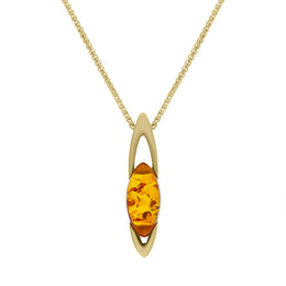 9ct Yellow Gold Amber Small Marquise Ellipse Necklace, P1443C.