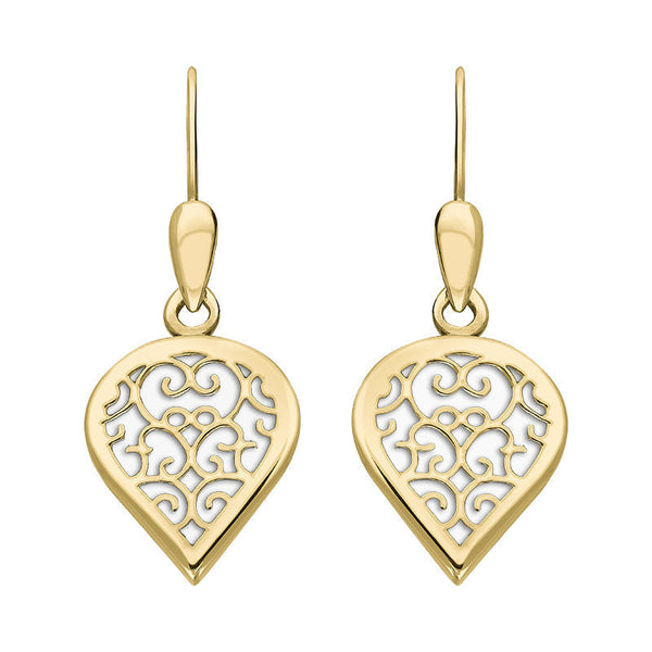 9ct Yellow Gold Bauxite Flore Filigree Heart Drop Earrings. E2588.