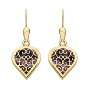 9ct Yellow Gold Blue John Flore Filigree Heart Drop Earrings. E2588.