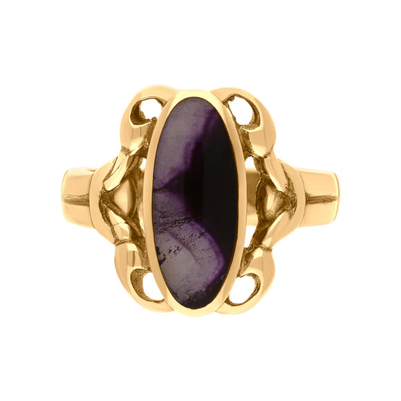 9ct Yellow Gold Blue John Heavy Oval Ornate Edge Ring