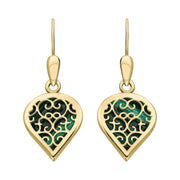 9ct Yellow Gold Malachite Flore Filigree Heart Drop Earrings. E2588.