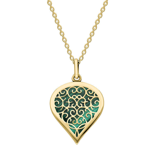 9ct Yellow Gold Malachite Flore Filigree Medium Heart Necklace. P3630.