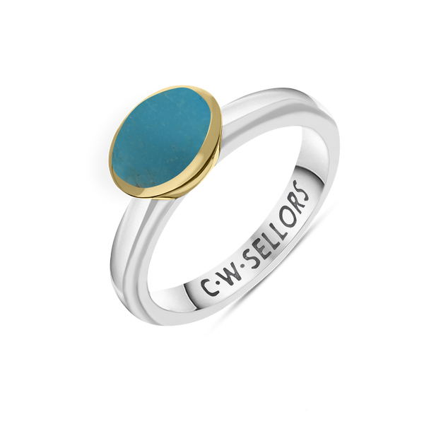 9ct Yellow Gold Sterling Silver Turquoise Stepping Stones 6x8mm Oval Bezel Set Ring. R578