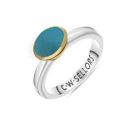 9ct Yellow Gold Sterling Silver Turquoise Stepping Stones 6x8mm Oval Bezel Set Ring. R578