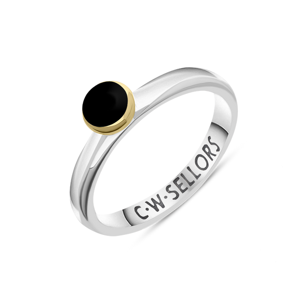 9ct Yellow Gold Sterling Silver Whitby Jet Stepping Stones 5mm Round Bezel Set Ring R573