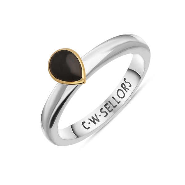 9ct Yellow Gold Sterling Silver Whitby Jet Stepping Stones 5x7mm Pear Cut Bezel Set Ring R575