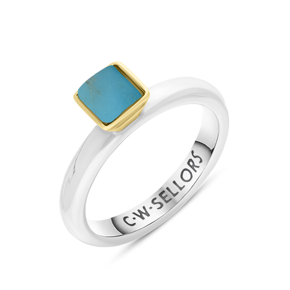 9ct Yellow Gold Sterling Silver Turquoise Stepping Stones 5mm Square Bezel Set Ring. R576