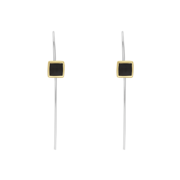 9ct Yellow Gold Sterling Silver Whitby Jet Stepping Stones 5mm Square Hook Earrings E1302