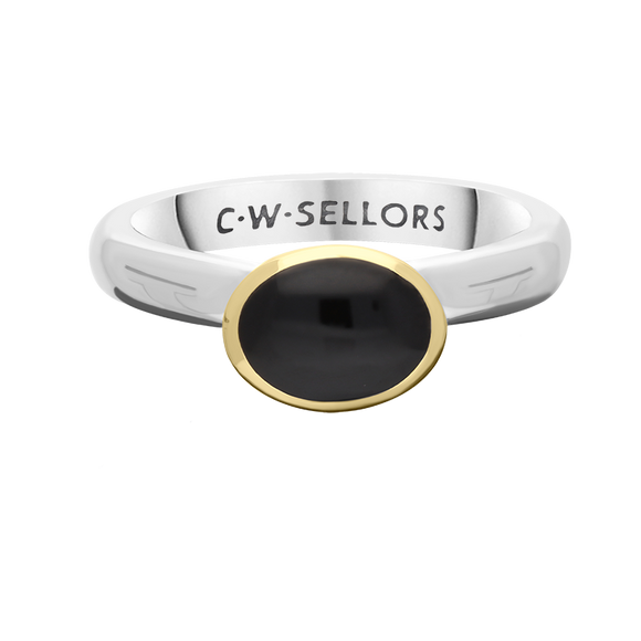 9ct Yellow Gold Sterling Silver Whitby Jet Stepping Stones 6x8mm Oval Bezel Set Ring. R578_2