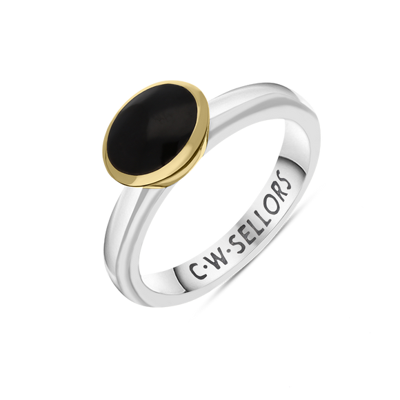 9ct Yellow Gold Sterling Silver Whitby Jet Stepping Stones 6x8mm Oval Bezel Set Ring. R578