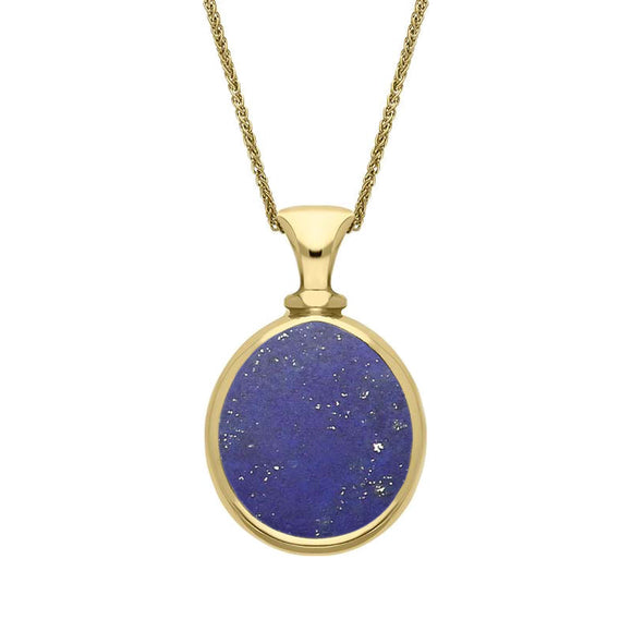 9ct Yellow Gold Whitby Jet Lapis Lazuli Small Double Sided Pear Fob Necklace, P220.