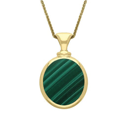 9ct Yellow Gold Whitby Jet Malachite Small Double Sided Oval Fob Necklace, P219.