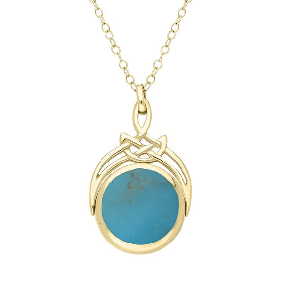 9ct Yellow Gold Whitby Jet Turquoise Round Swivel Fob Necklace, P258_12.