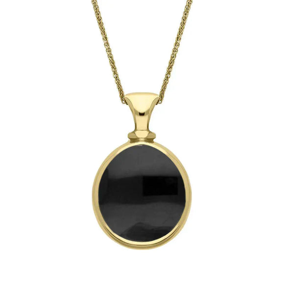 9ct Yellow Gold Whitby Jet Mother Of Pearl Small Double Sided Pear Fob Necklace