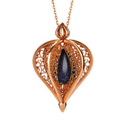 9ct Rose Gold Blue Goldstone Flore Filigree Droplet Necklace, P2330C.